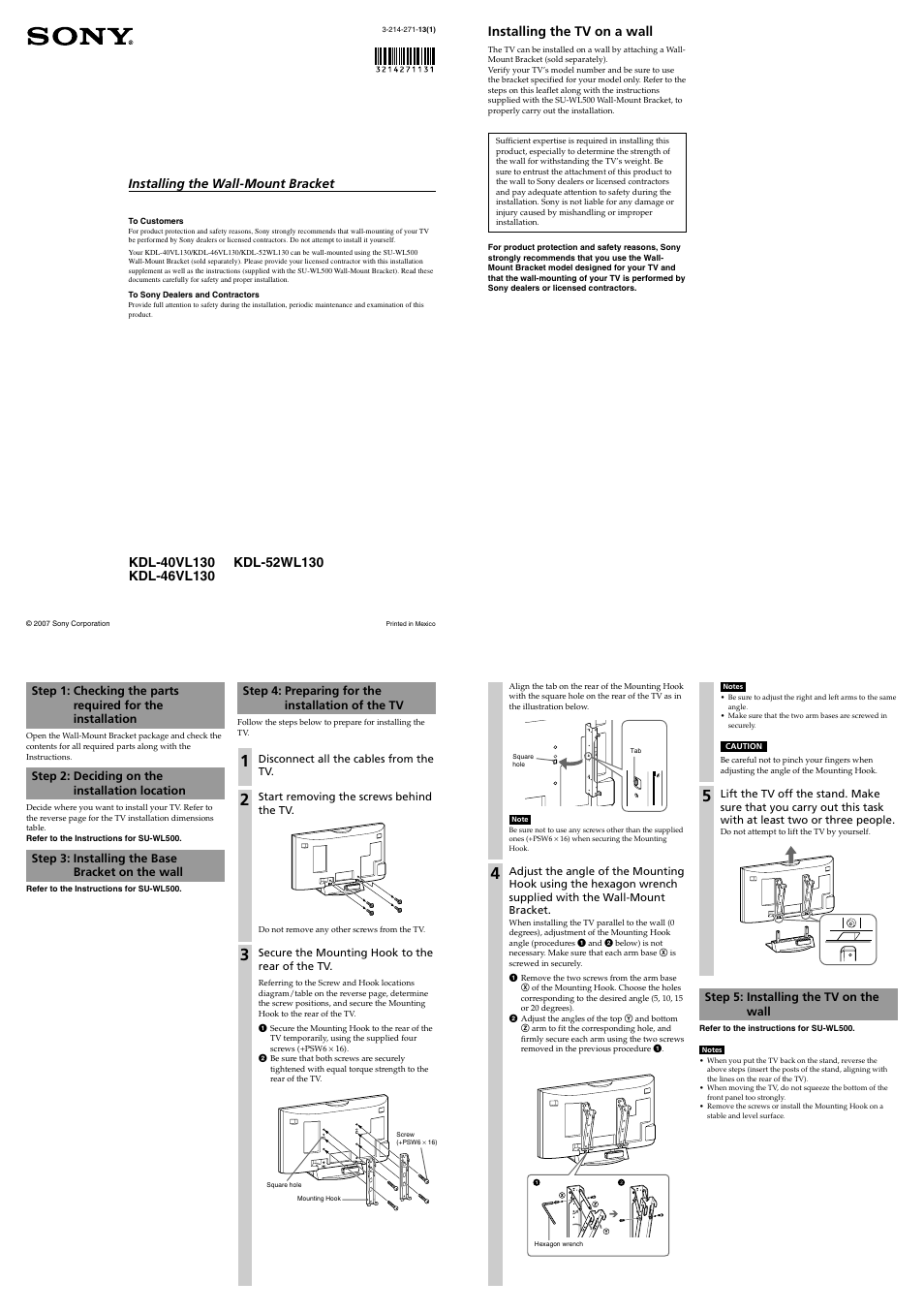 Sony KDL-52WL130PKG User Manual | 2 pages