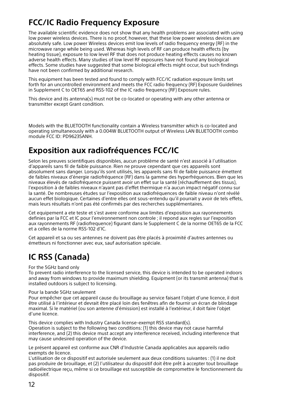 Fcc/ic radio frequency exposure, Exposition aux radiofréquences fcc/ic, Ic rss (canada) | Sony SVS13122CXW User Manual | Page 12 / 32