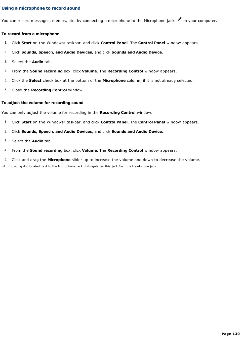 Using a microphone to record sound | Sony VGN-S380P User Manual | Page 130 / 223