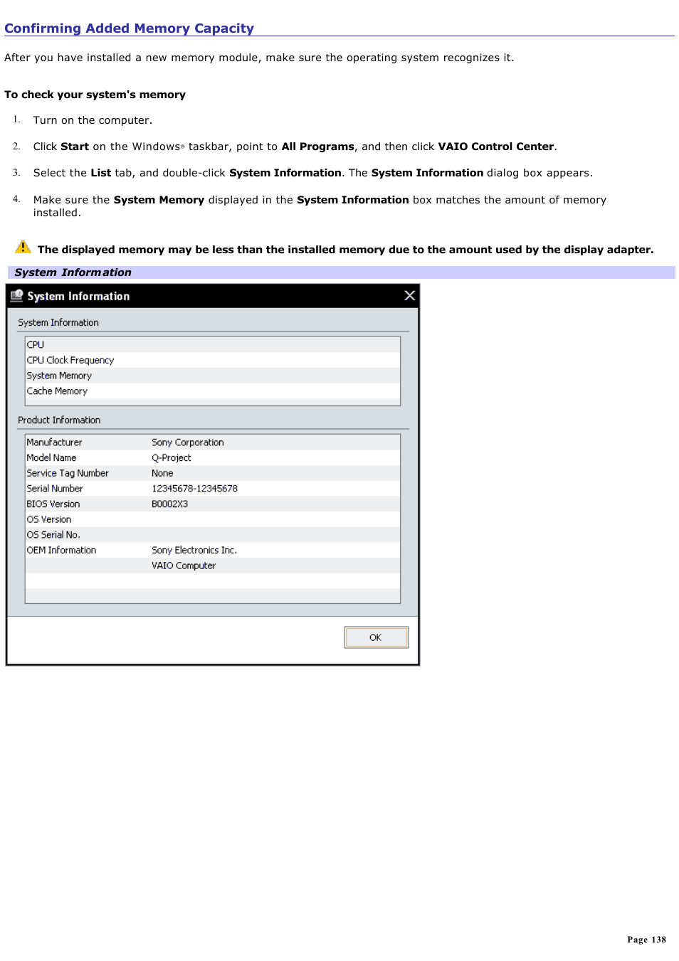 Confirming added memory capacity | Sony VGN-S380P User Manual | Page 138 / 223