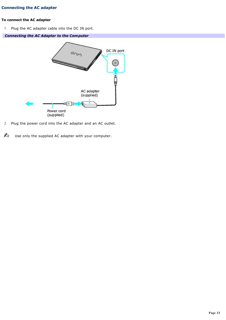 Connecting the ac adapter | Sony VGN-S380P User Manual | Page 23 / 223