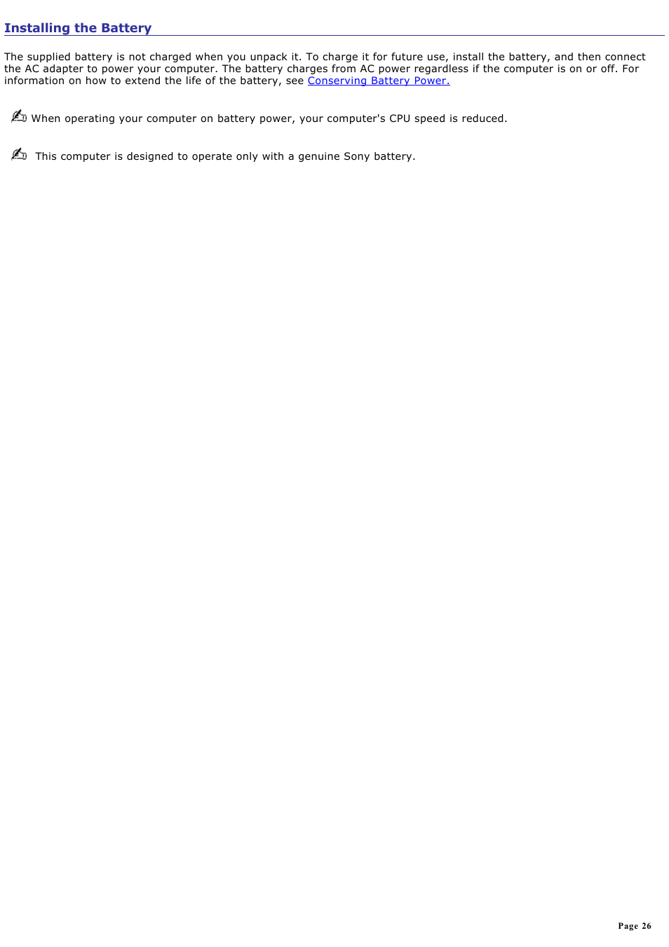 Installing the battery | Sony VGN-S380P User Manual | Page 26 / 223