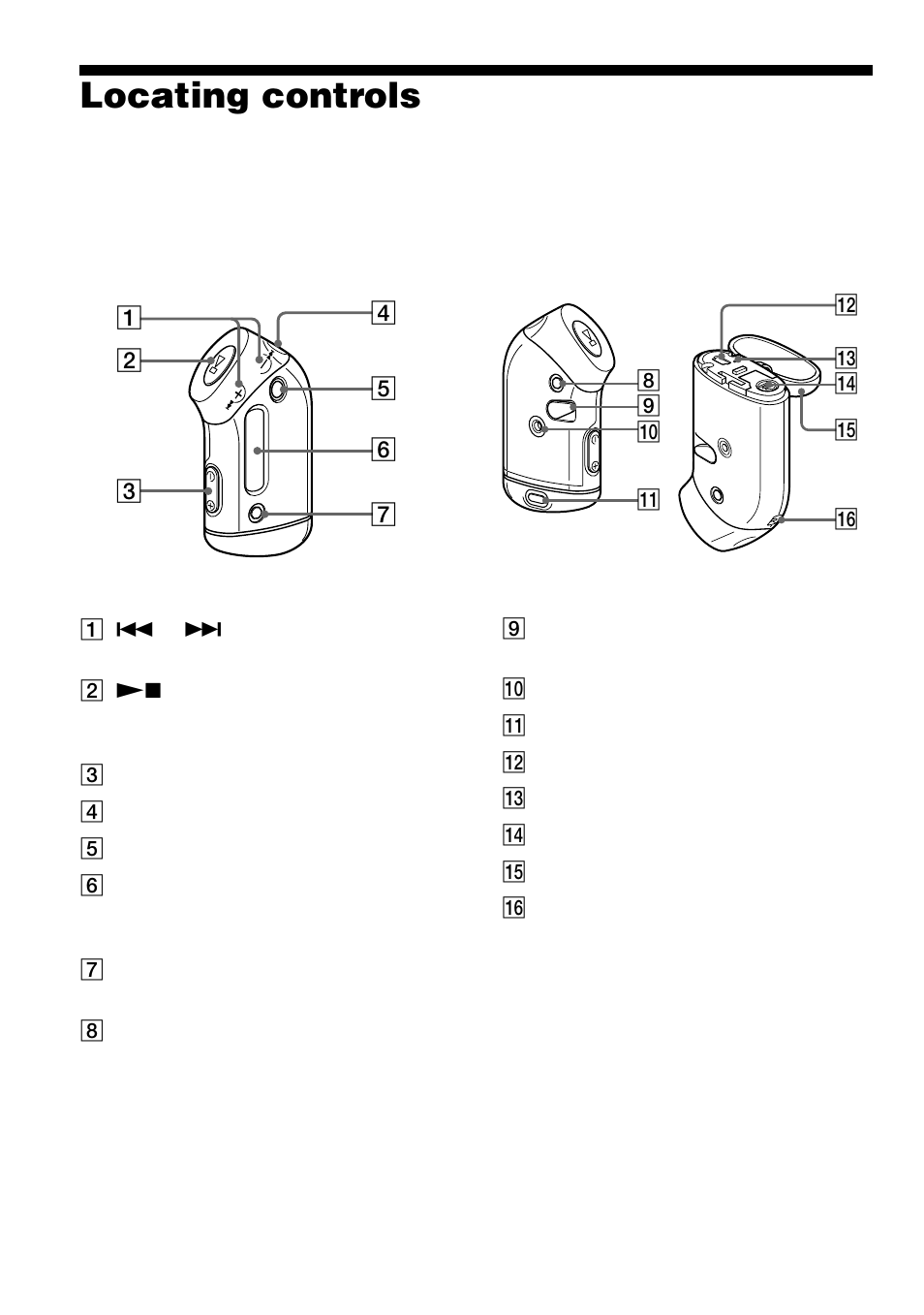 Locating controls, Front side, Rear side | Rear side front side | Sony NW-S23 User Manual | Page 10 / 52