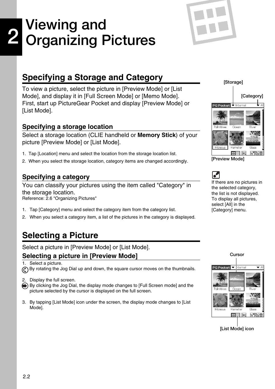 Specifying a storage and category, Specifying a storage location, Specifying a category | Selecting a picture, Selecting a picture in [preview mode, Viewing and organizing pictures | Sony PEG-N710C User Manual | Page 12 / 32