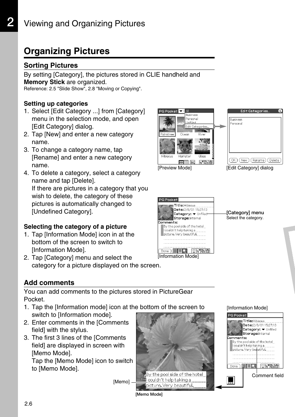 Organizing pictures, Sorting pictures, Add comments | Viewing and organizing pictures | Sony PEG-N710C User Manual | Page 16 / 32
