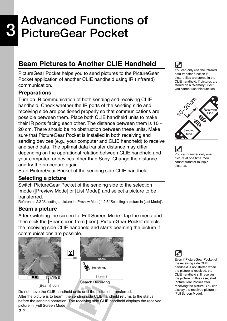 Beam pictures to another clie handheld, Preparations, Selecting a picture | Beam a picture, Advanced functions of picturegear pocket, 10~20 cm | Sony PEG-N710C User Manual | Page 20 / 32