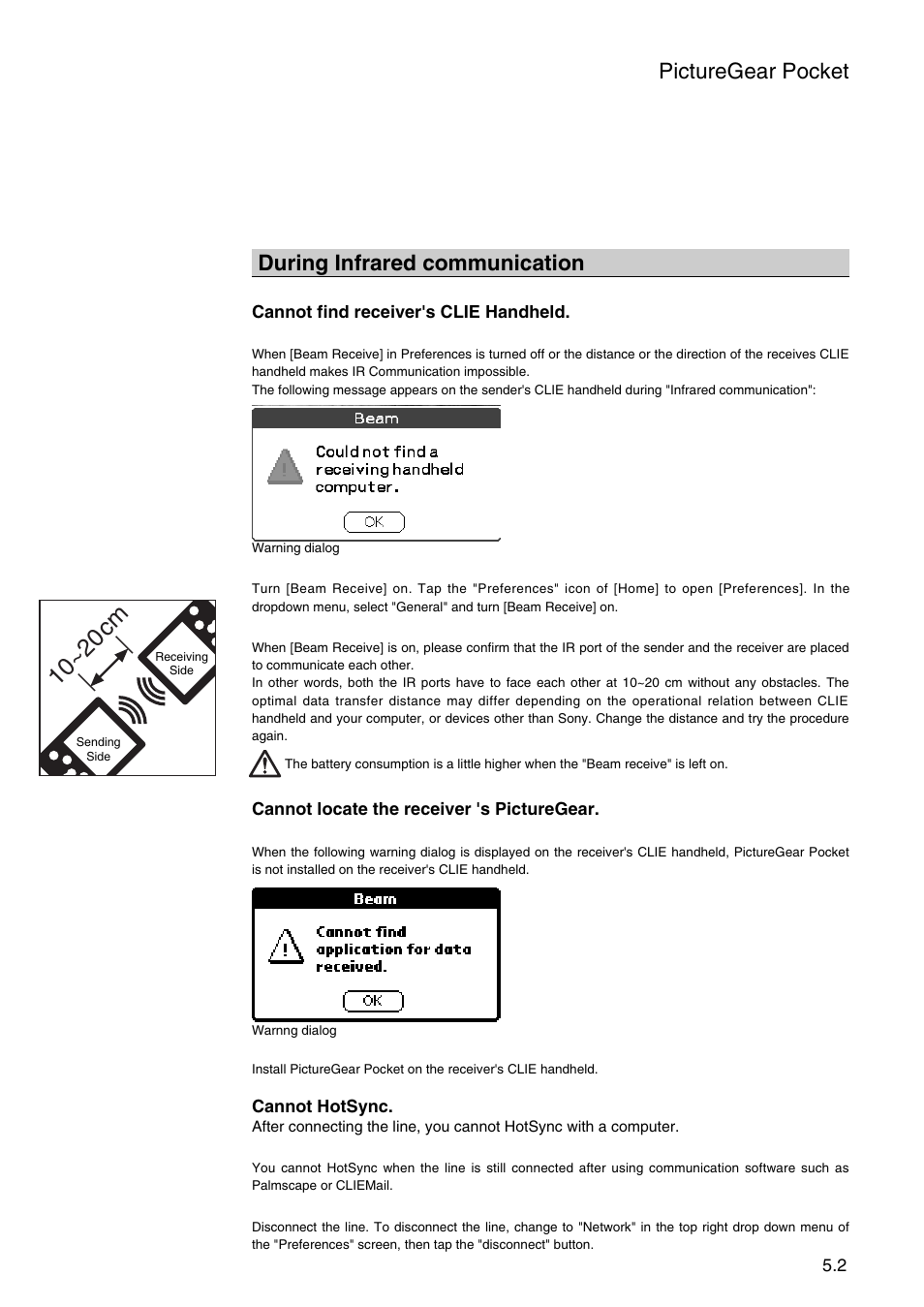 During infrared communication, 10~20 cm, Picturegear pocket | Sony PEG-N710C User Manual | Page 29 / 32