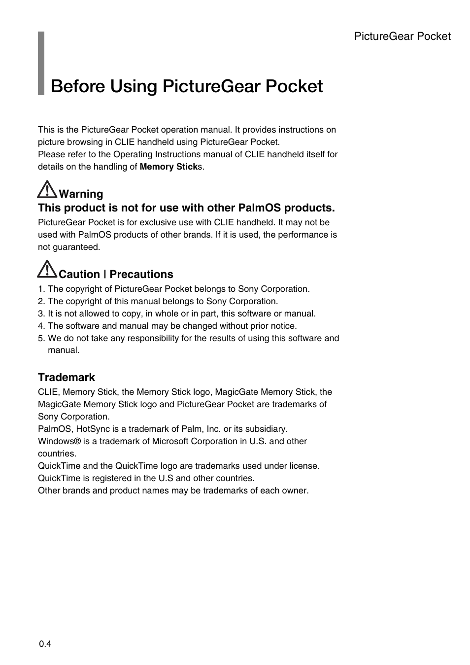 Before using picturegear pocket | Sony PEG-N710C User Manual | Page 4 / 32