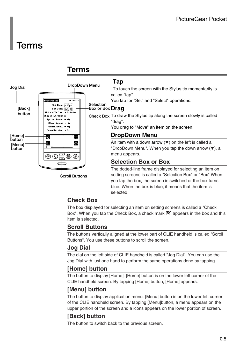 Ter ms, Terms, Picturegear pocket | Drag, Dropdown menu, Selection box or box, Check box, Scroll buttons, Jog dial, Home] button | Sony PEG-N710C User Manual | Page 5 / 32