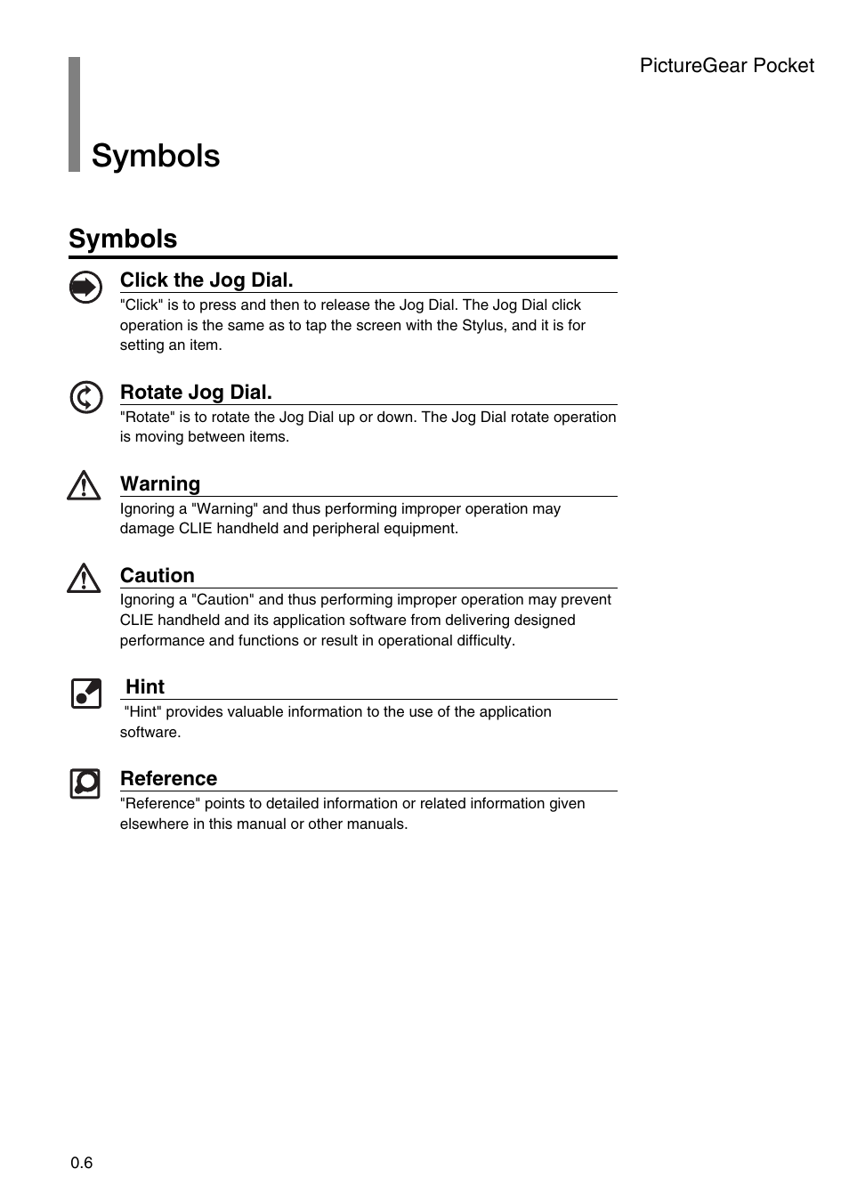 Symbols | Sony PEG-N710C User Manual | Page 6 / 32