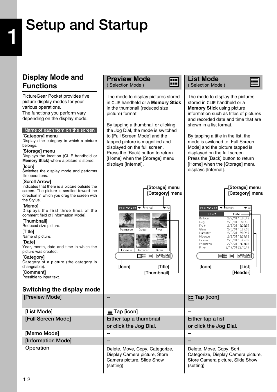 Display mode and functions, Preview mode, List mode | Setup and startup | Sony PEG-N710C User Manual | Page 8 / 32
