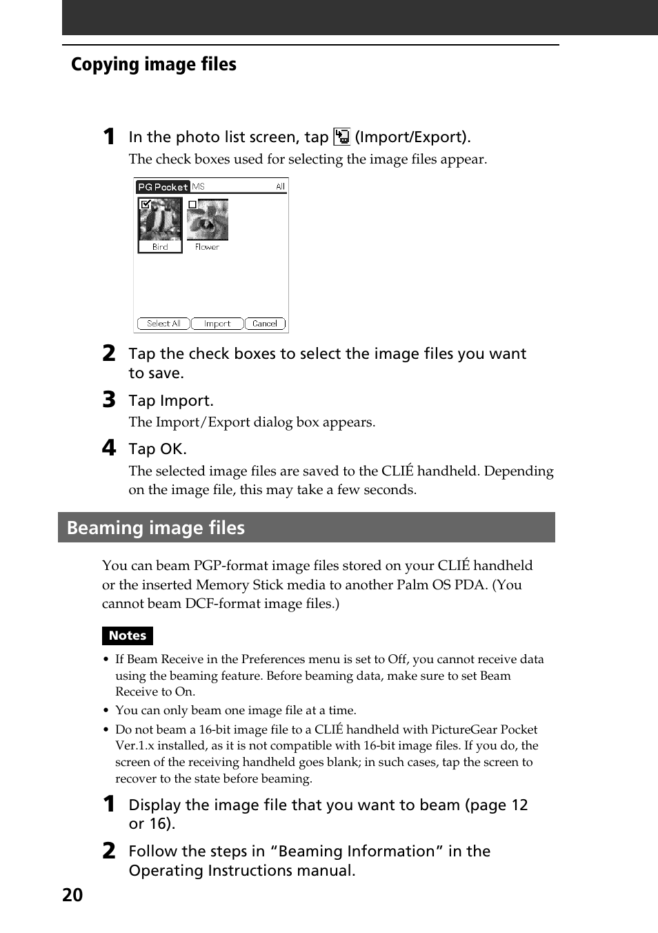 Beaming image files | Sony PEG-SJ30 User Manual | Page 20 / 80