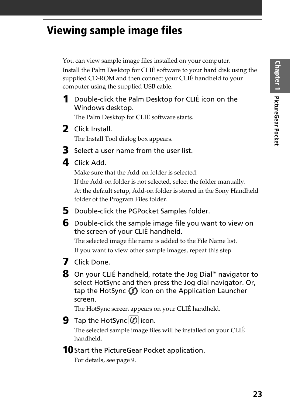 Viewing sample image files | Sony PEG-SJ30 User Manual | Page 23 / 80