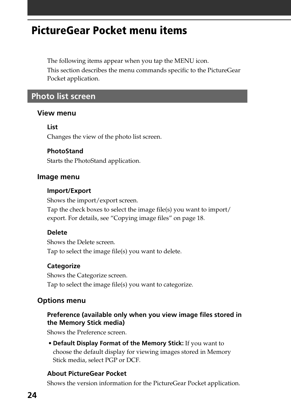 Picturegear pocket menu items, Photo list screen | Sony PEG-SJ30 User Manual | Page 24 / 80