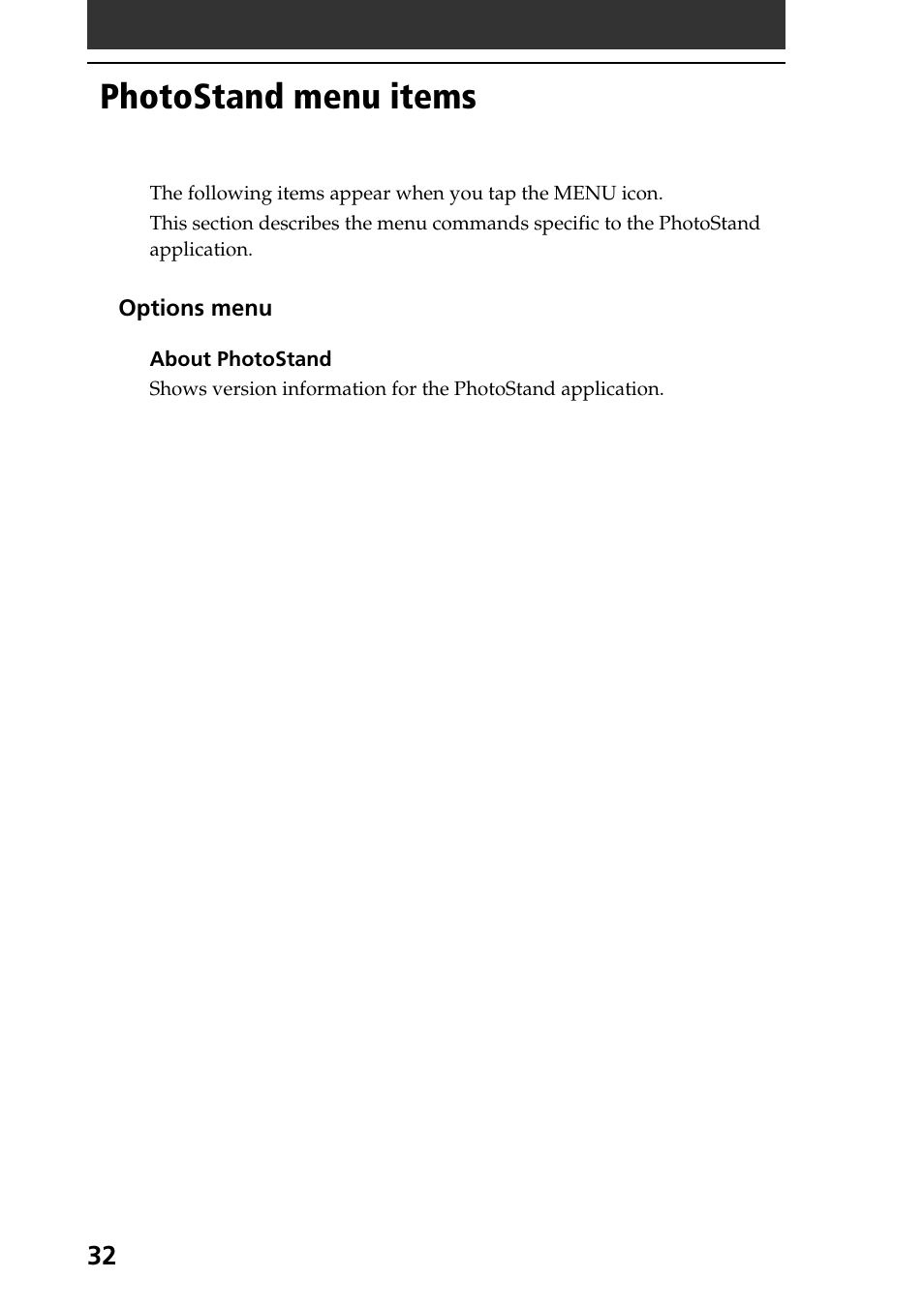 Photostand menu items | Sony PEG-SJ30 User Manual | Page 32 / 80
