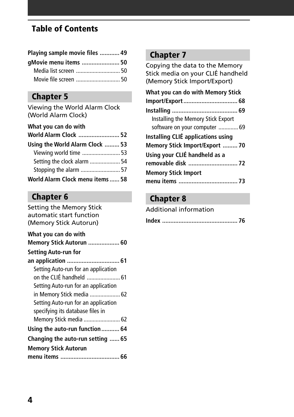 4table of contents, Chapter 5, Chapter 6 | Chapter 7, Chapter 8 | Sony PEG-SJ30 User Manual | Page 4 / 80