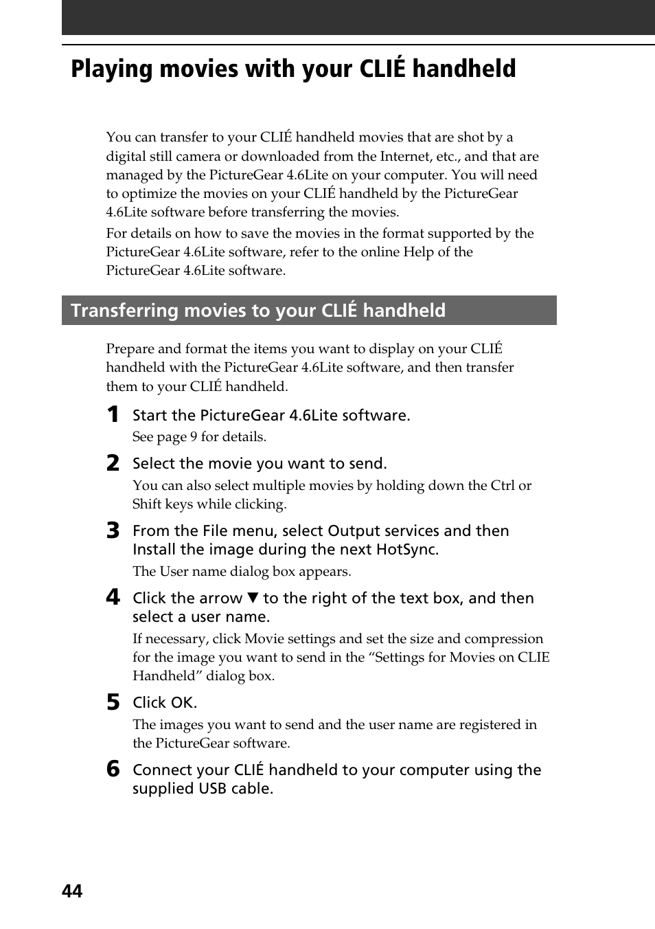 Playing movies with your clié handheld, Transferring movies to your clié handheld | Sony PEG-SJ30 User Manual | Page 44 / 80