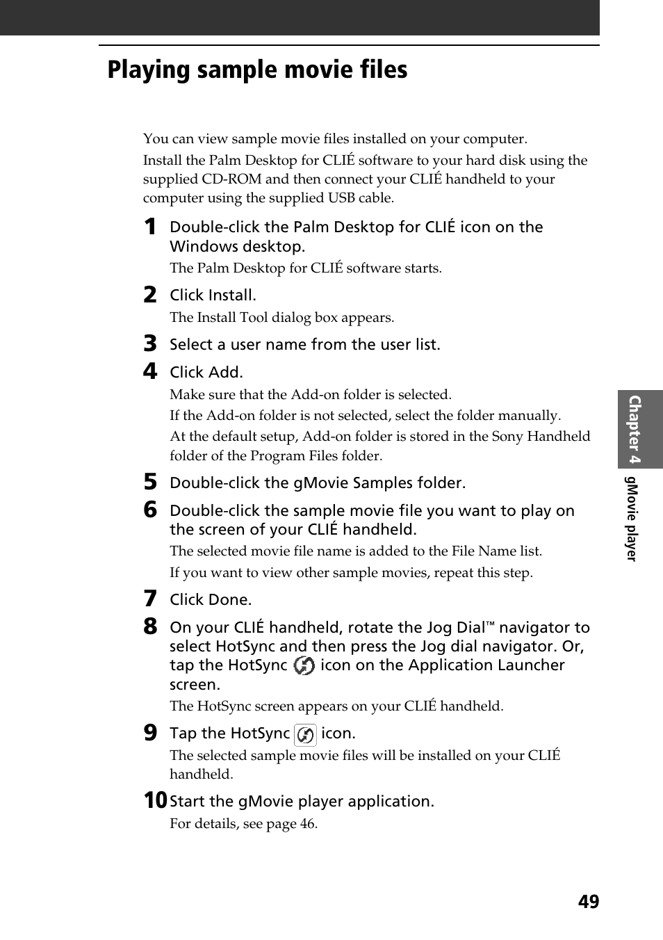 Playing sample movie files | Sony PEG-SJ30 User Manual | Page 49 / 80