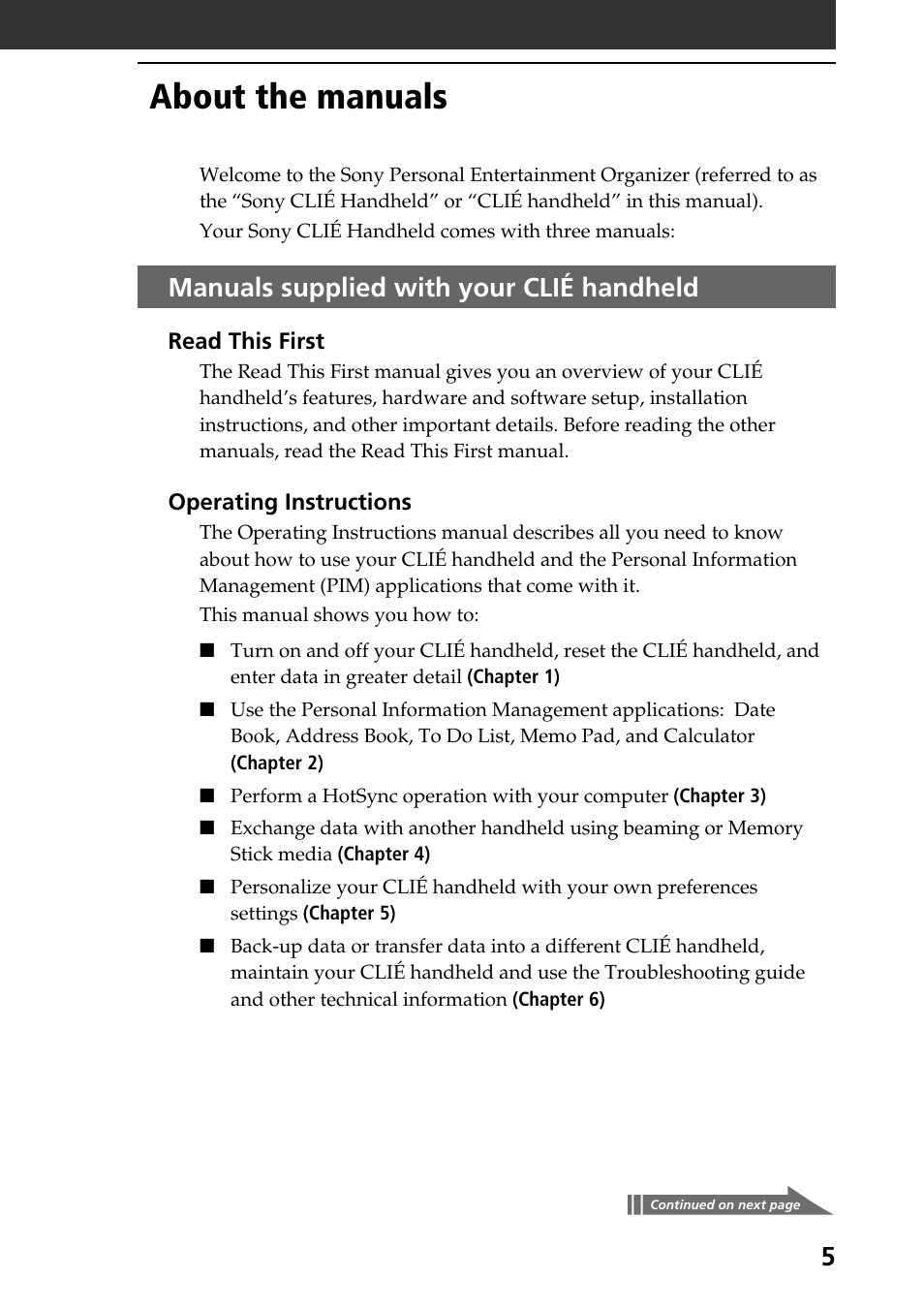 About the manuals, Manuals supplied with your clié handheld | Sony PEG-SJ30 User Manual | Page 5 / 80