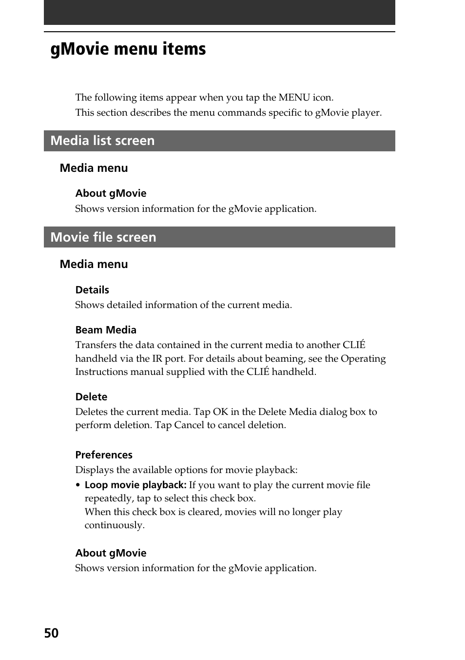 Gmovie menu items, Media list screen, Movie file screen | Media list screen movie file screen | Sony PEG-SJ30 User Manual | Page 50 / 80