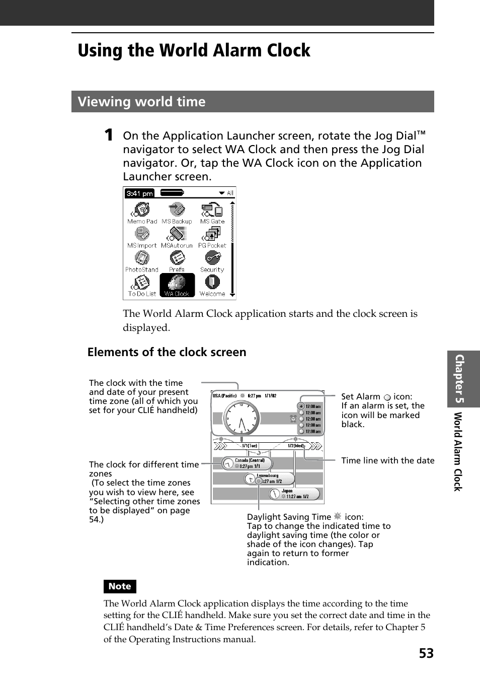 Using the world alarm clock, Viewing world time | Sony PEG-SJ30 User Manual | Page 53 / 80