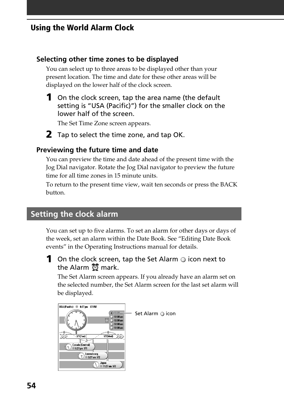 Setting the clock alarm | Sony PEG-SJ30 User Manual | Page 54 / 80