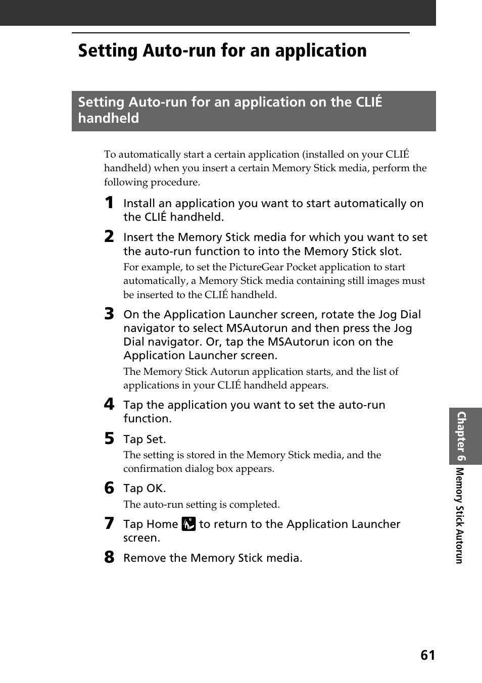 Setting auto-run for an application | Sony PEG-SJ30 User Manual | Page 61 / 80
