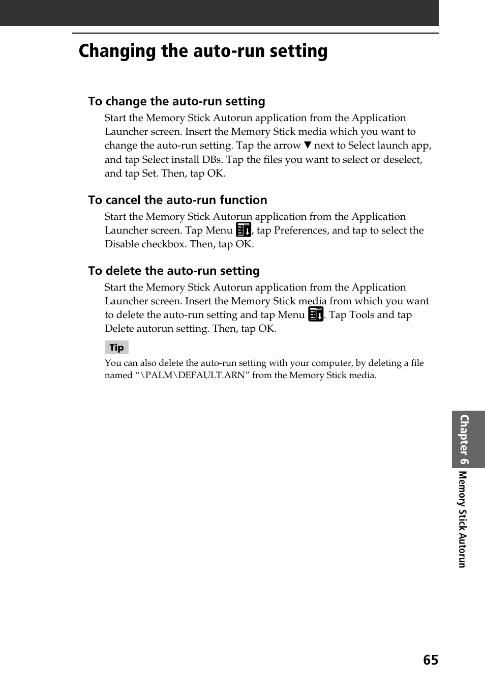 Changing the auto-run setting | Sony PEG-SJ30 User Manual | Page 65 / 80