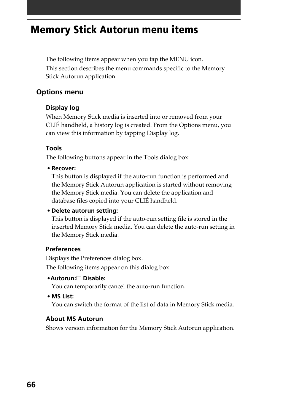 Memory stick autorun menu items | Sony PEG-SJ30 User Manual | Page 66 / 80