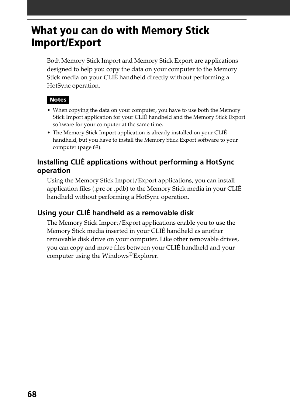 What you can do with memory stick import/export | Sony PEG-SJ30 User Manual | Page 68 / 80