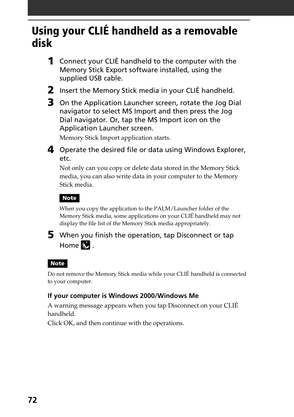 Using your clié handheld as a removable disk | Sony PEG-SJ30 User Manual | Page 72 / 80