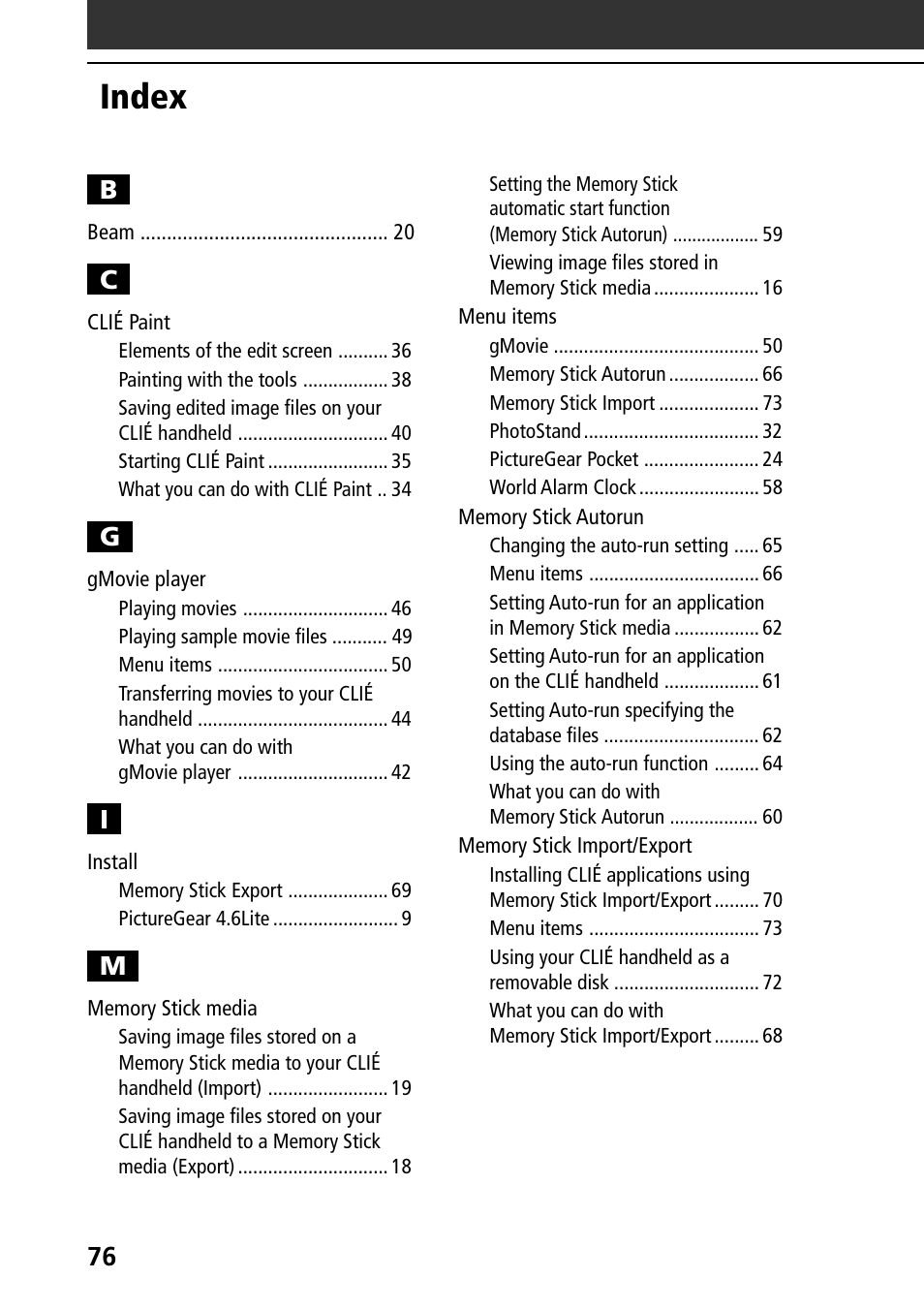 Index | Sony PEG-SJ30 User Manual | Page 76 / 80