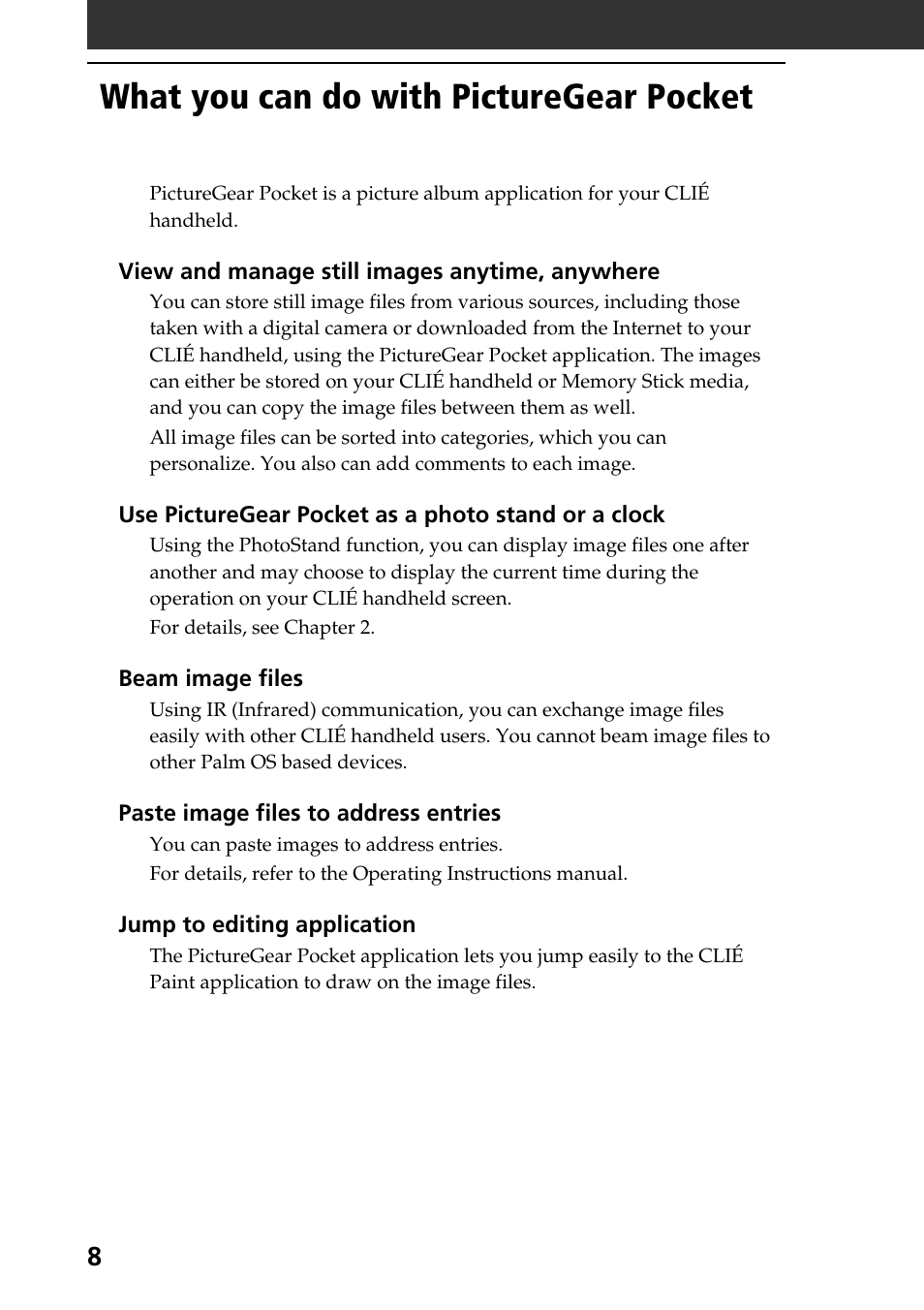 What you can do with picturegear pocket | Sony PEG-SJ30 User Manual | Page 8 / 80