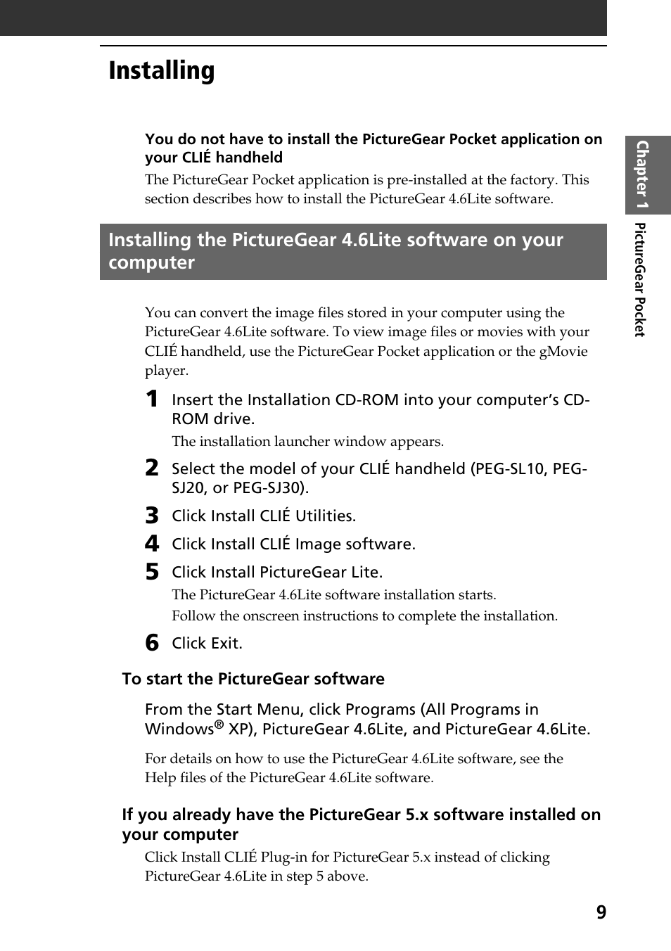 Installing | Sony PEG-SJ30 User Manual | Page 9 / 80