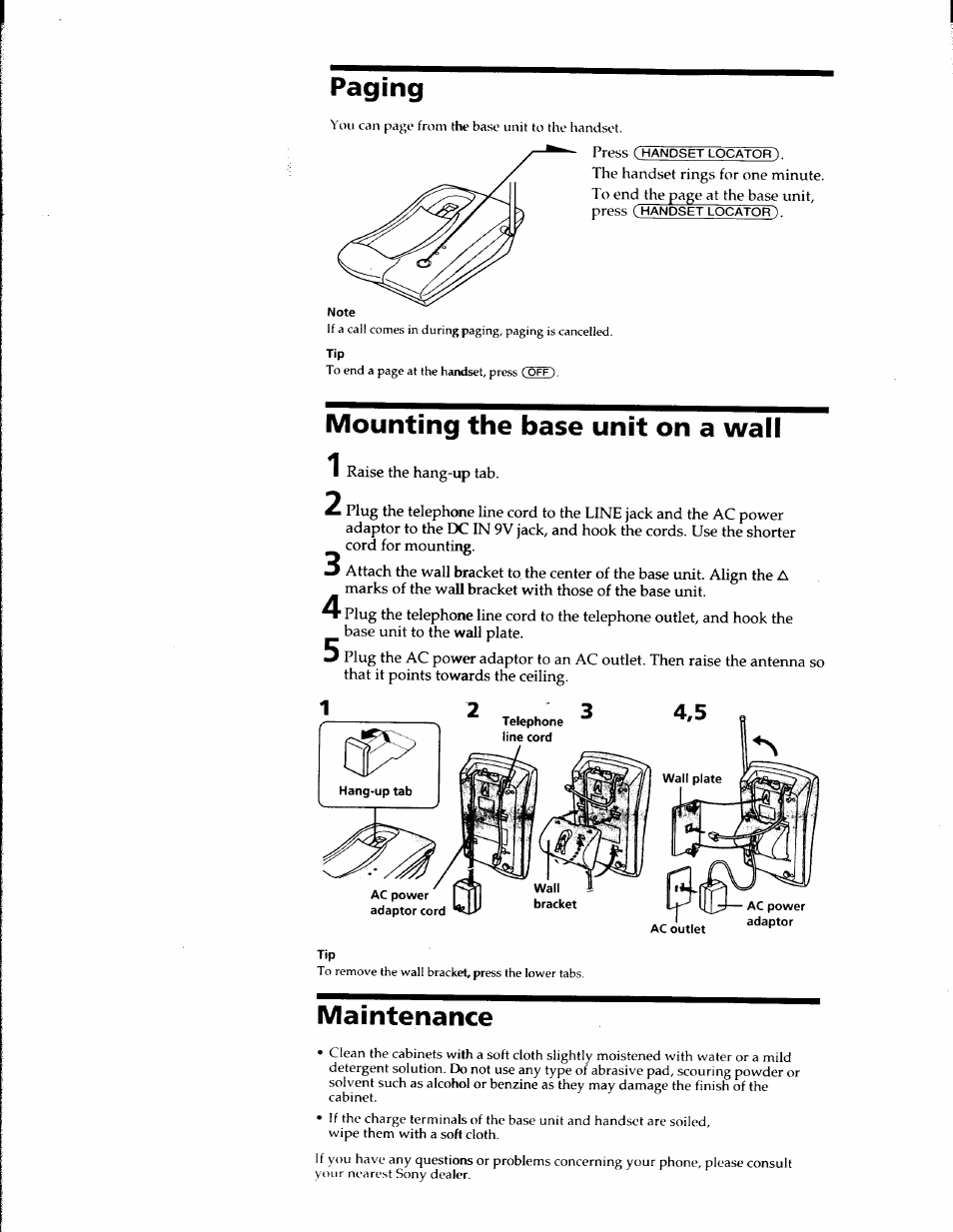 Paging, Mounting the base unit on a wall, Maintenance | Sony SPP-900 User Manual | Page 11 / 28