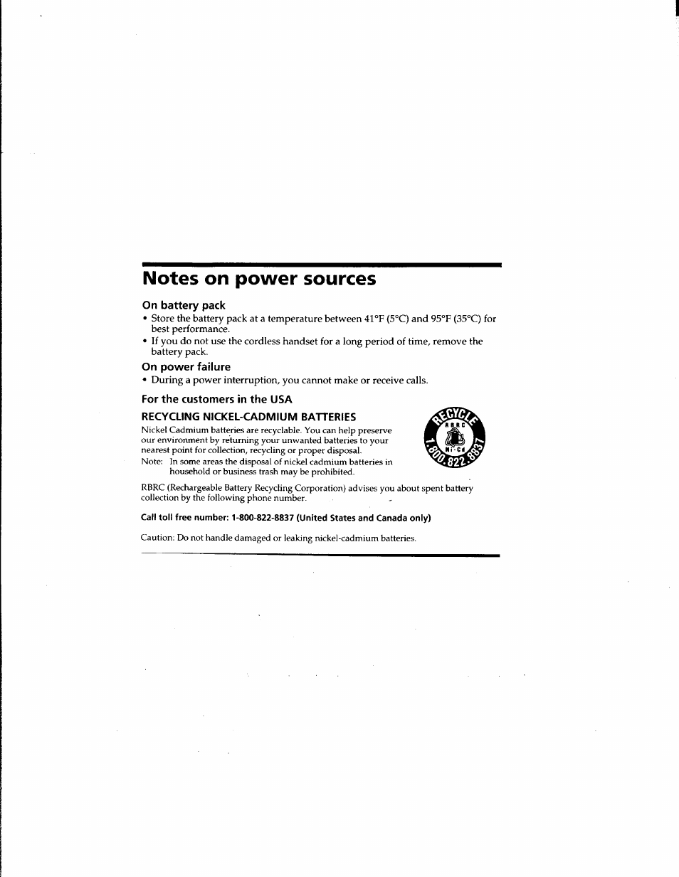 Notes on power sources, On battery pack, On power failure | For the customers in the usa, Recycling nickel-cadmium batteries | Sony SPP-900 User Manual | Page 12 / 28