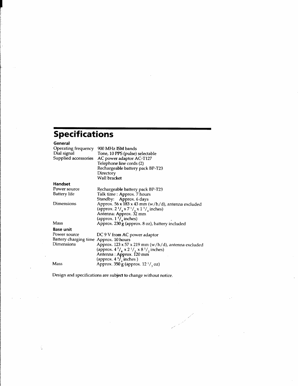 Specifications | Sony SPP-900 User Manual | Page 14 / 28