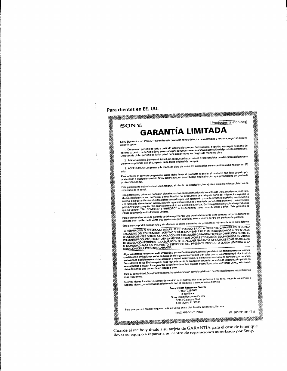 Para clientes en ее. uu, Garantía limitada, Para clientes en ее. uu. sony | Sony SPP-900 User Manual | Page 15 / 28