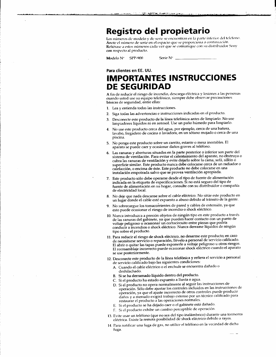 Registro del propietario, Importantes instrucciones de seguridad | Sony SPP-900 User Manual | Page 16 / 28