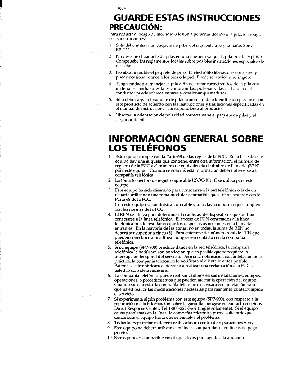 Guarde estas instrucciones, Información general sobre los teléfonos, Precaución | Sony SPP-900 User Manual | Page 17 / 28