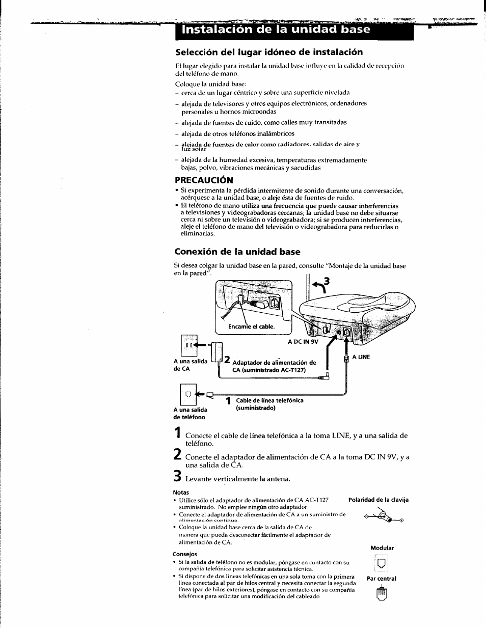 Selección del lugar idóneo de instalación, Precaución, Conexión de la unidad base | Instalación de la unidad base | Sony SPP-900 User Manual | Page 19 / 28