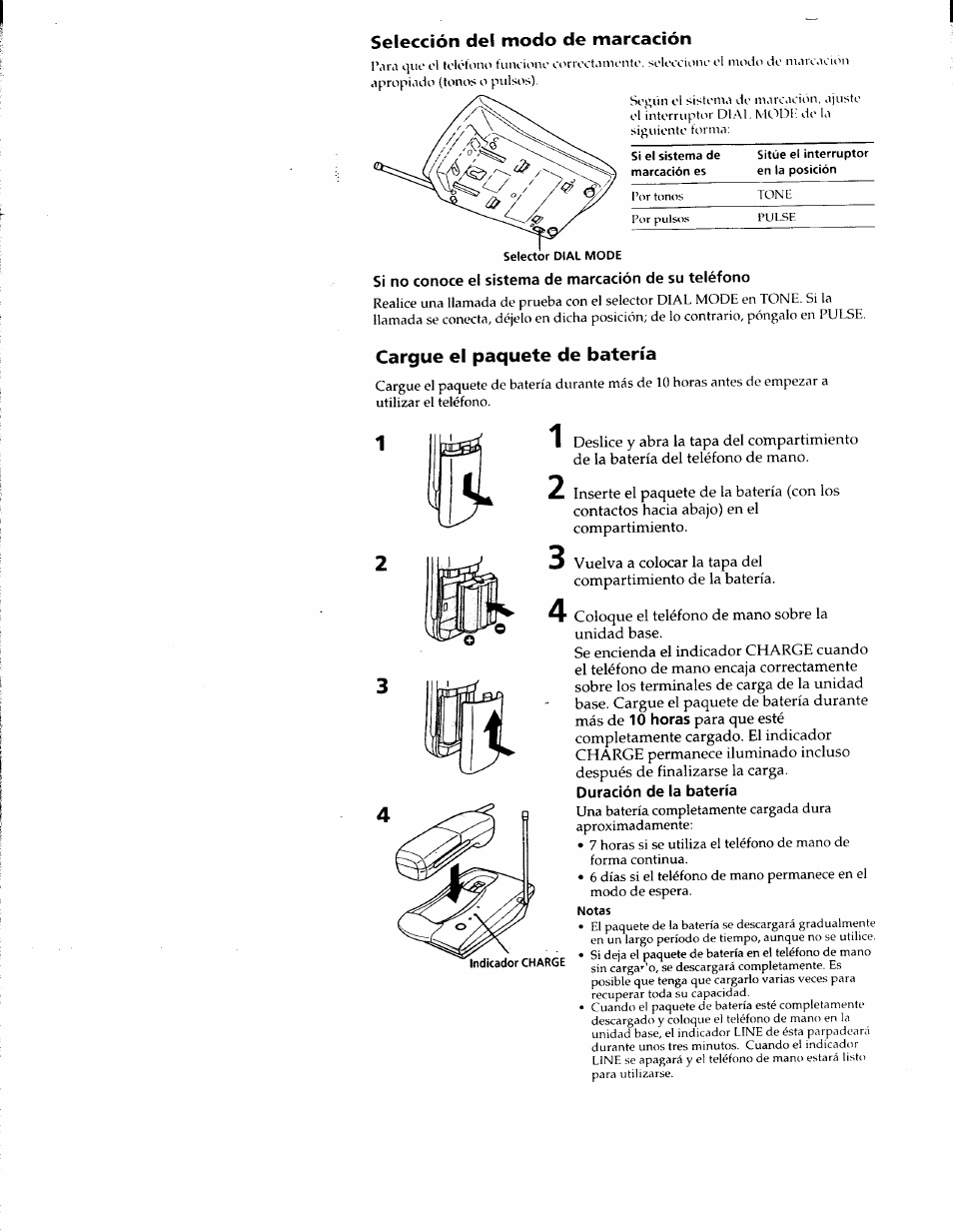 Selección del modo de marcación, Cargue el paquete de batería, Duración de la batería | Sony SPP-900 User Manual | Page 20 / 28