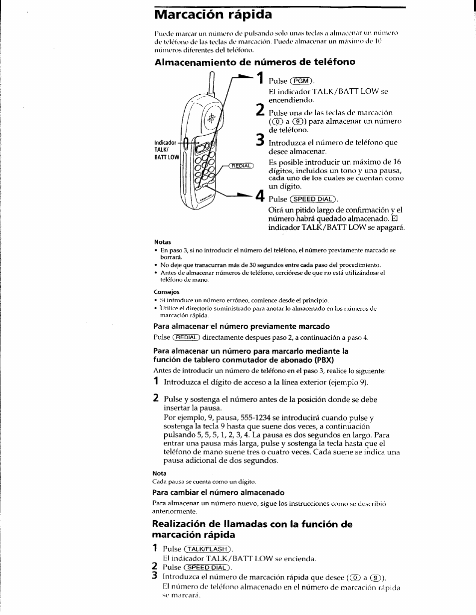 Marcación rápida, Para almacenar el número previamente marcado, Para cambiar el número almacenado | Sony SPP-900 User Manual | Page 23 / 28