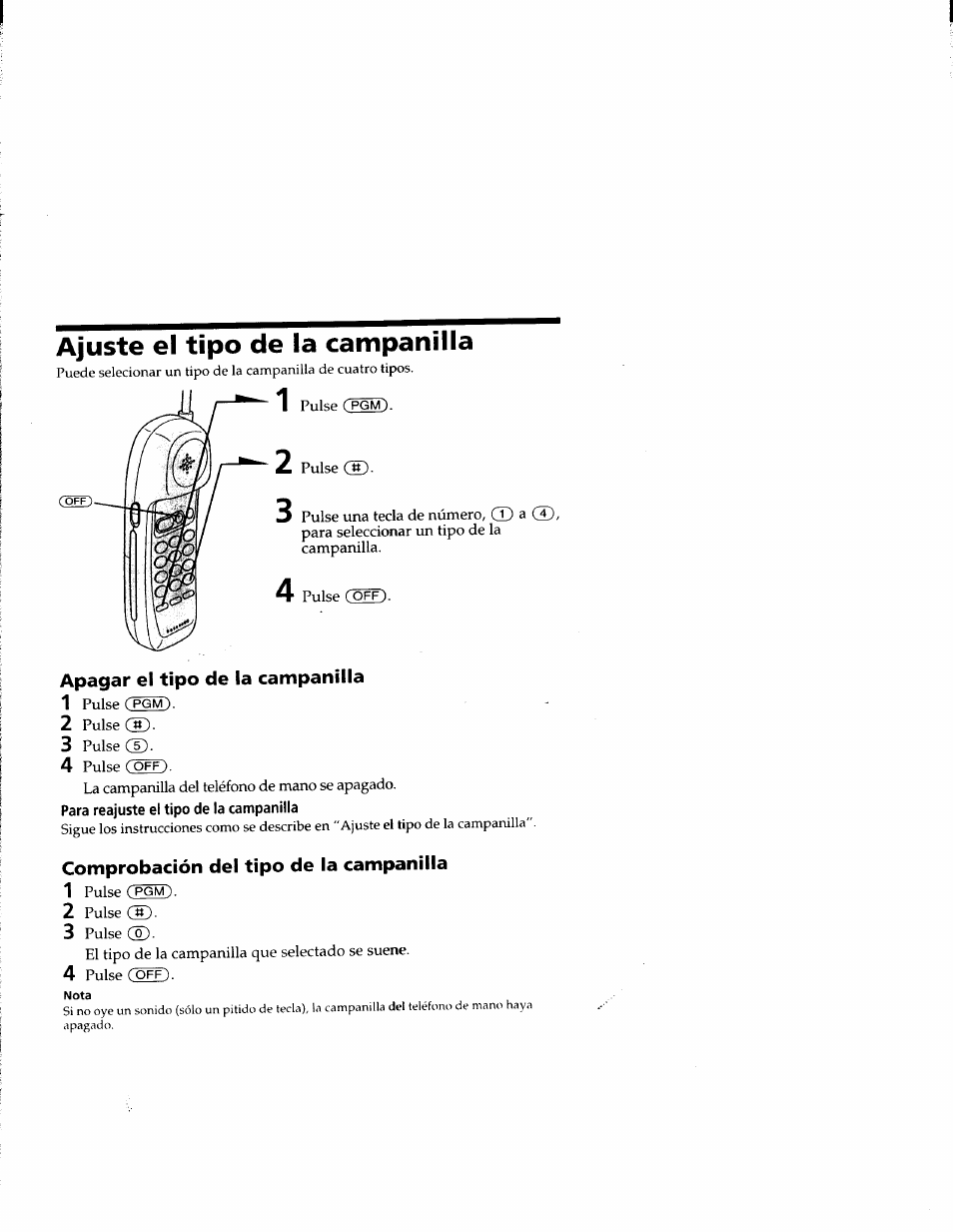 Ajuste el tipo de la campanilla, Apagar el tipo de la campanilla, Para reajuste el tipo de la campanilla | Comprobación del tipo de la campanilla | Sony SPP-900 User Manual | Page 24 / 28