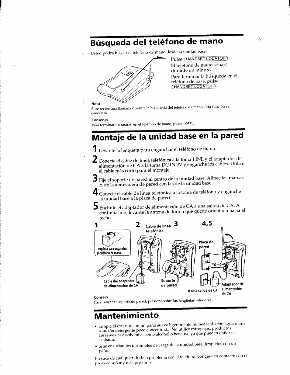 Búsqueda del teléfono de mano, Montaje de la unidad base en la pared, Mantenimiento | Sony SPP-900 User Manual | Page 25 / 28