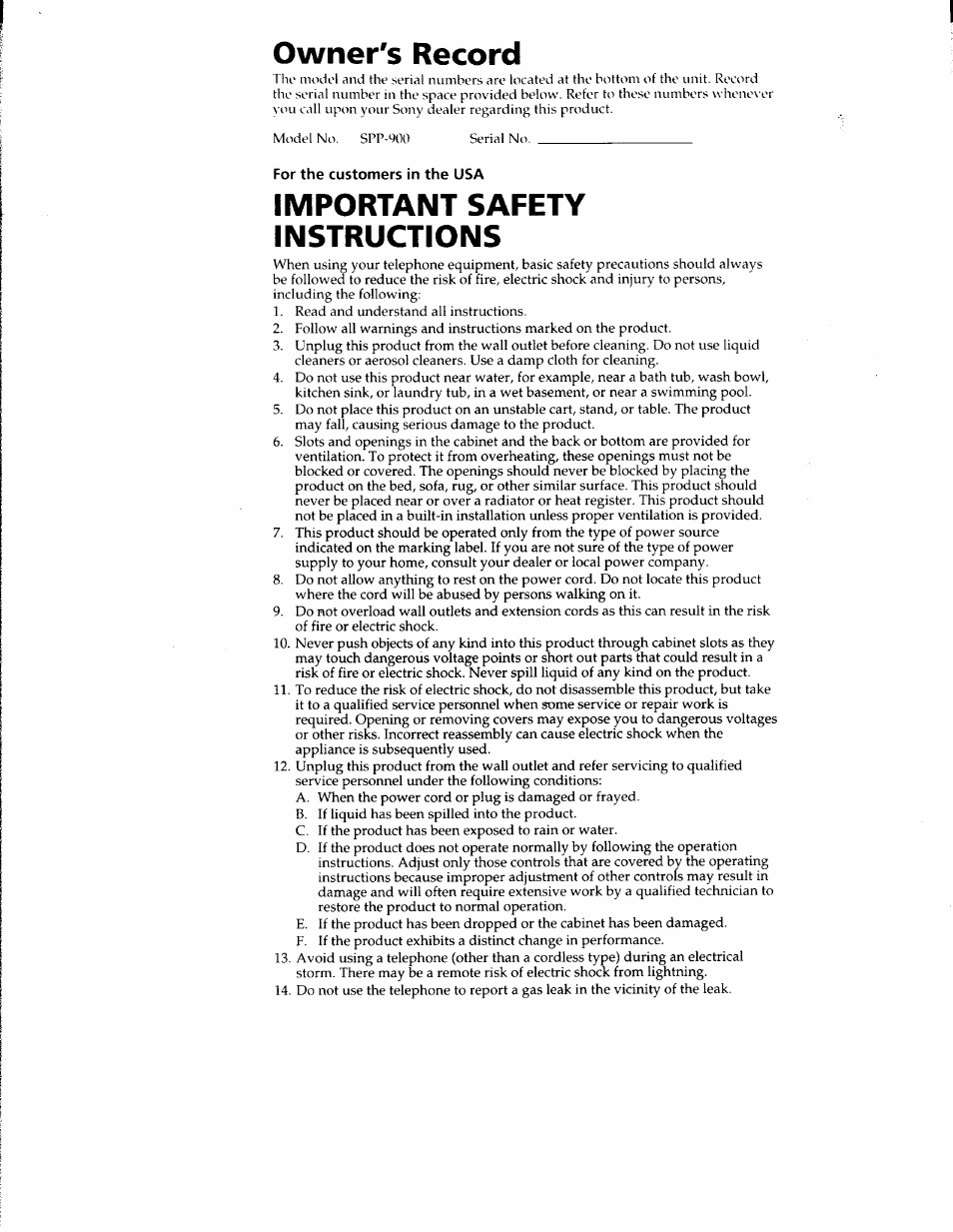 Owner's record, For the customers in the usa, Important safety instructions | Sony SPP-900 User Manual | Page 3 / 28