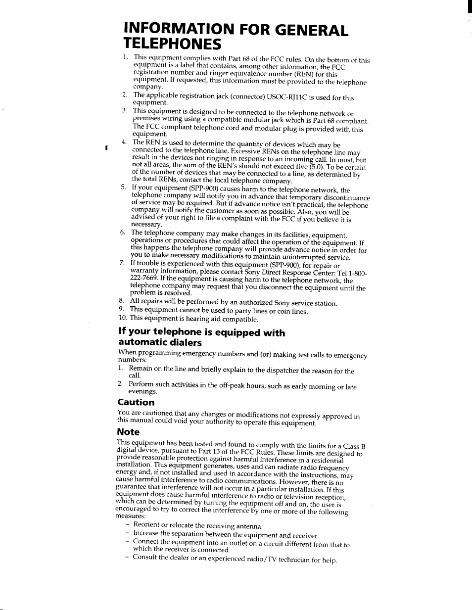 Information for general telephones, Caution, Note | Sony SPP-900 User Manual | Page 5 / 28