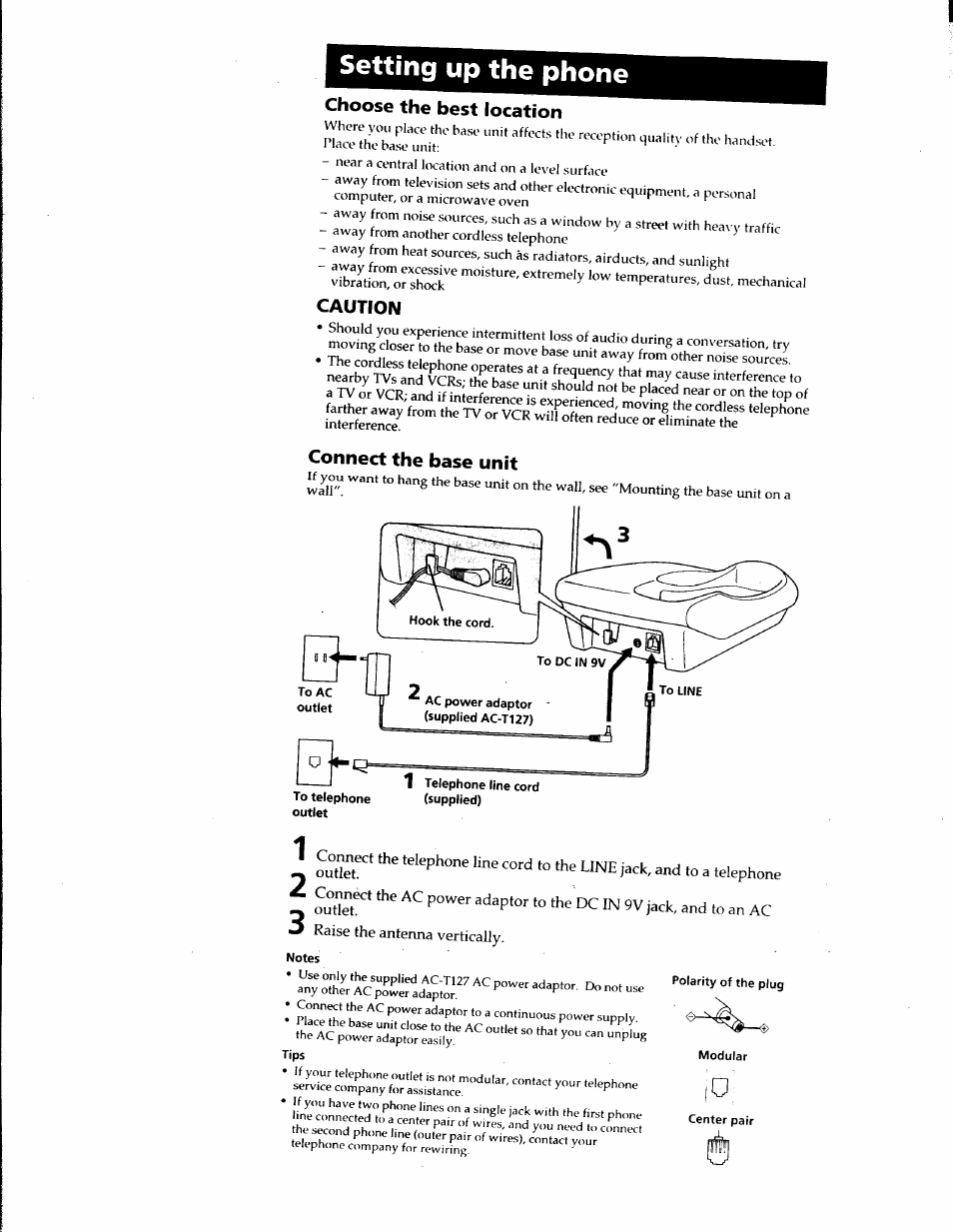 Setting up the phone, Choose the best location, Caution | Connect the base unit | Sony SPP-900 User Manual | Page 6 / 28