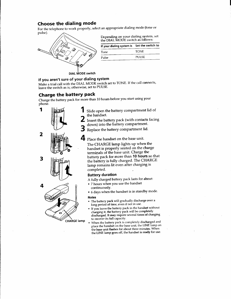 Choose the dialing mode, If you aren't sure of your dialing system, Charge the battery pack | Battery duration | Sony SPP-900 User Manual | Page 7 / 28