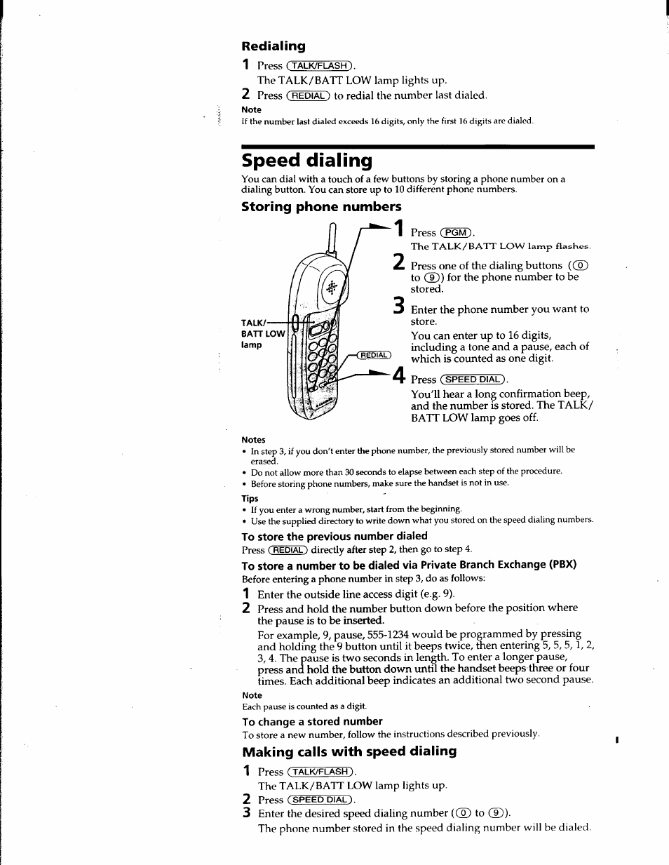 Redialing, Speed dialing, Storing phone numbers | To store the previous number dialed, To change a stored number, Making calls with speed dialing | Sony SPP-900 User Manual | Page 9 / 28